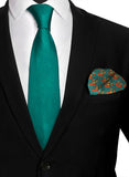 Chokore Plain Dark Sea Green Silk Tie & Floral Print Pocket Square set