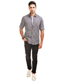Chokore Men's Dark Grey and White Cotton Casual Shirt