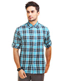 Chokore Men's Turquoise Blue & Black Cotton Casual Shirt