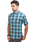 Chokore Men's Turquoise Blue & Black Cotton Casual Shirt