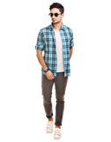 Chokore Men's Turquoise Blue & Black Cotton Casual Shirt