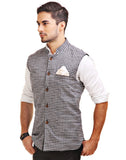 Chokore Men's Reversible Grey with Black & White Checks / Black Cotton Nehru Jacket