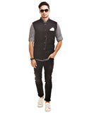 Chokore Men's Reversible Grey with Black & White Checks / Black Cotton Nehru Jacket