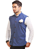 Chokore Men's Reversible Blue with White Checks / Blue Cotton Nehru Jacket