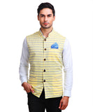 Chokore Men's Reversible Yellow with Blue Stripes / Blue Cotton Nehru Jacket