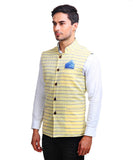 Chokore Men's Reversible Yellow with Blue Stripes / Blue Cotton Nehru Jacket