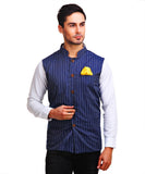 Chokore Men's Reversible Blue with Beige & White Stripes / Beige Cotton Nehru Jacket