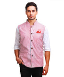 Chokore Men's Reversible Red & White Stripes / Black Cotton Nehru Jacket