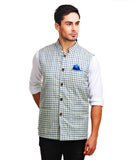 Chokore Men's Reversible Off white with Blue & Green Checks / Blue Cotton Nehru Jacket