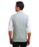 Chokore Men's Reversible Off white with Blue & Green Checks / Blue Cotton Nehru Jacket