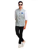 Chokore Men's Reversible Off white with Blue & Green Checks / Blue Cotton Nehru Jacket