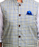 Chokore Men's Reversible Off white with Blue & Green Checks / Blue Cotton Nehru Jacket