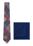 Chokore Blue & Red Silk Tie - Indian At Heart range & Plain Blue color Silk Pocket Square set
