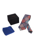 Chokore Blue & Red Silk Tie - Indian At Heart range & Plain Blue color Silk Pocket Square set