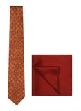 Chokore Red & Yellow Silk Tie - Indian At Heart range & Plain Red color Silk Pocket Square set
