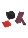 Chokore Red & Blue Silk Tie - Indian At Heart range & Plain Red color Silk Pocket Square set