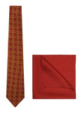 Chokore Red & Yellow Silk Tie - Indian At Heart range & Plain Red color Silk Pocket Square set