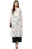 Janasya Women's Off White Cotton Straight Floral Print Kurta