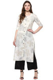 Janasya Women's Off White Cotton Straight Floral Print Kurta
