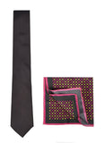 Chokore Black color silk tie & Black with Magenta & Tangerine Polka Dots Silk Pocket Square set