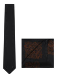 Chokore Black color Plain Silk Tie & Black and Brown silk pocket square set