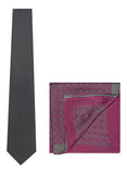 Chokore Dark Grey color silk tie & Magenta & Silver from Indian design Silk Pocket Square set