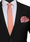 Chokore Peach color Plain Silk Tie & Pink color floral print silk pocket square set