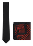 Chokore Black color Plain Silk Tie & Red & Black printed silk pocket square set