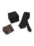 Chokore Black color Plain Silk Tie & Multi-coloured Elephants silk pocket square set