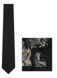 Chokore Black color Plain Silk Tie & Black and White silk pocket square set