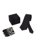 Chokore Black color Plain Silk Tie & Black and White silk pocket square set