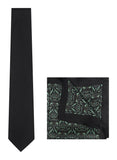 Chokore Black color Plain Silk Tie & Black & Dark Sea Green silk pocket square set