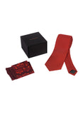 Chokore Red color Plain Silk Tie & Burgundy floral print pure silk pocket square set