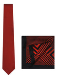 Chokore Red color Plain Silk Tie & Red & Black printed silk pocket square set