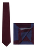 Chokore Burgundy color Plain Silk Tie & Two-in-one Burgundy & Blue Pure Satin Silk Pocket Square set